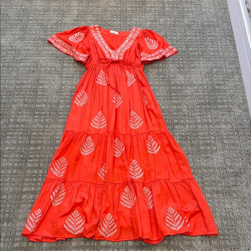 In Bloom Vibrant Red/orange  Maxi Dress with Leaf Design
